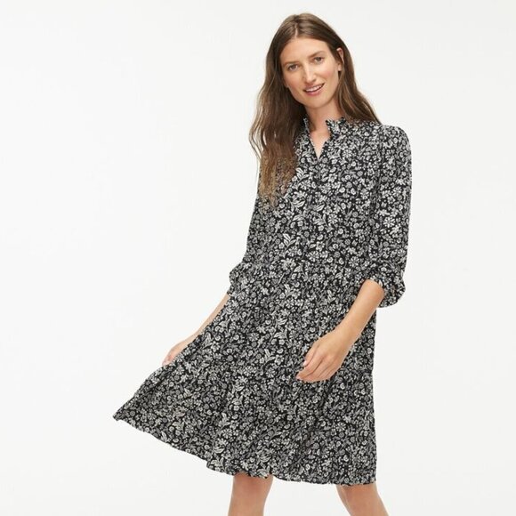 J. CREW Tiered Flowy Mini Dress in Floral Print Black White Women's M